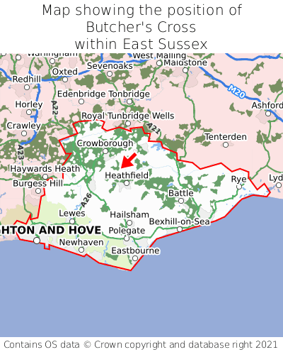 Map showing location of Butcher's Cross within East Sussex