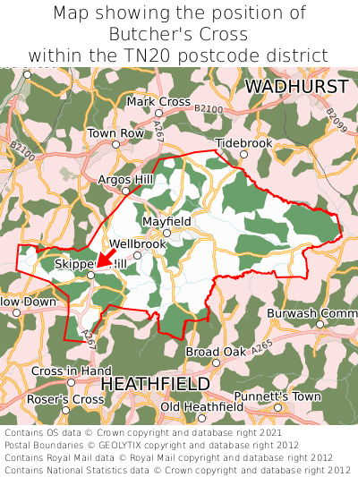 Map showing location of Butcher's Cross within TN20