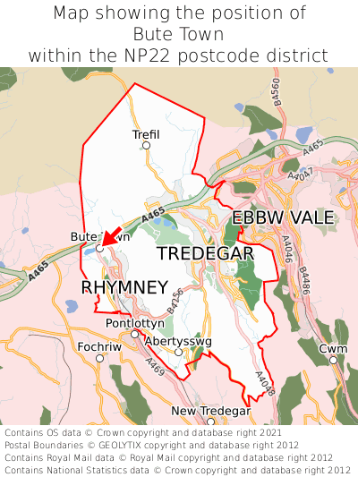 Map showing location of Bute Town within NP22
