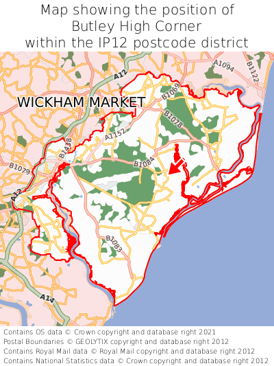 Map showing location of Butley High Corner within IP12
