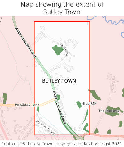 Map showing extent of Butley Town as bounding box