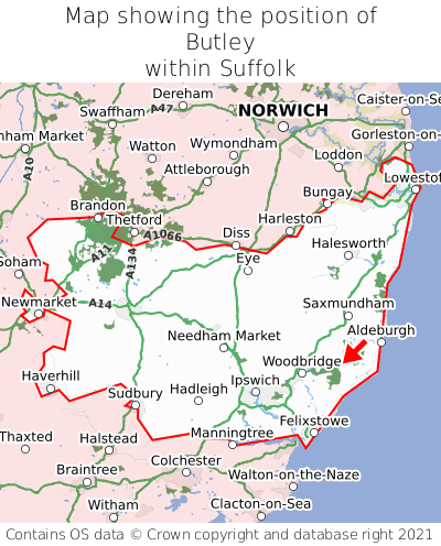 Map showing location of Butley within Suffolk