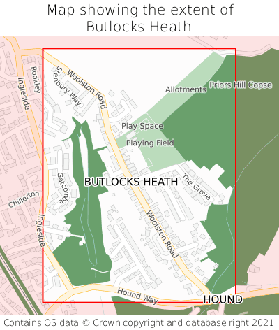 Map showing extent of Butlocks Heath as bounding box