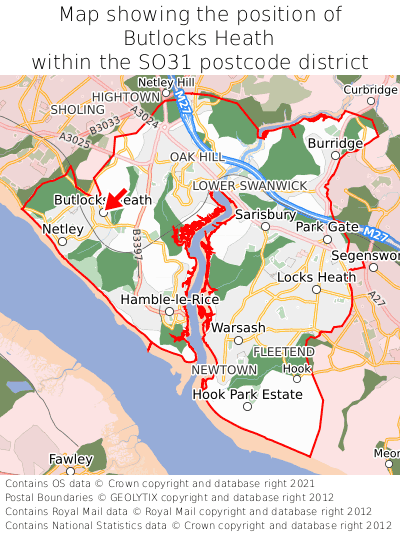 Map showing location of Butlocks Heath within SO31