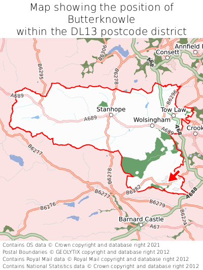 Map showing location of Butterknowle within DL13