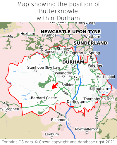 Map showing location of Butterknowle within Durham