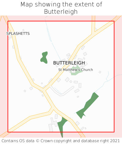 Map showing extent of Butterleigh as bounding box