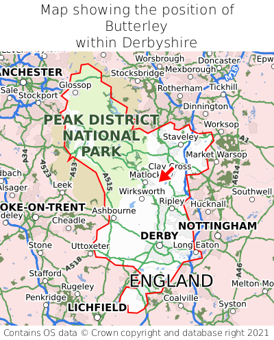Map showing location of Butterley within Derbyshire
