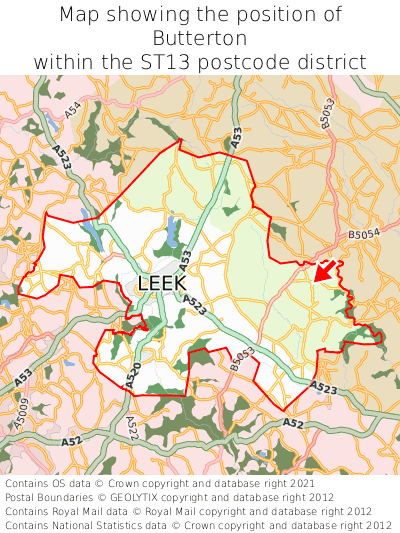 Map showing location of Butterton within ST13