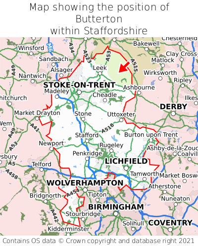Map showing location of Butterton within Staffordshire