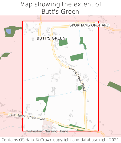 Map showing extent of Butt's Green as bounding box