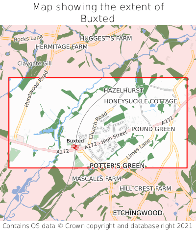 Map showing extent of Buxted as bounding box