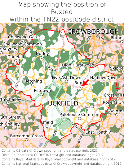 Map showing location of Buxted within TN22