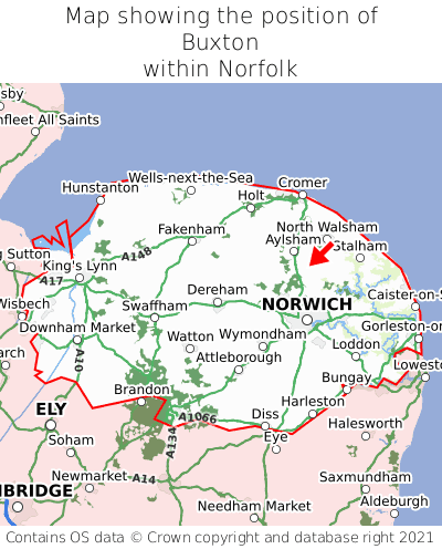 Map showing location of Buxton within Norfolk