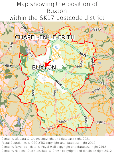 Map showing location of Buxton within SK17