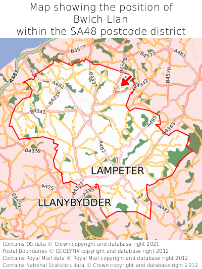 Map showing location of Bwlch-Llan within SA48