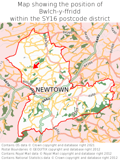 Map showing location of Bwlch-y-ffridd within SY16