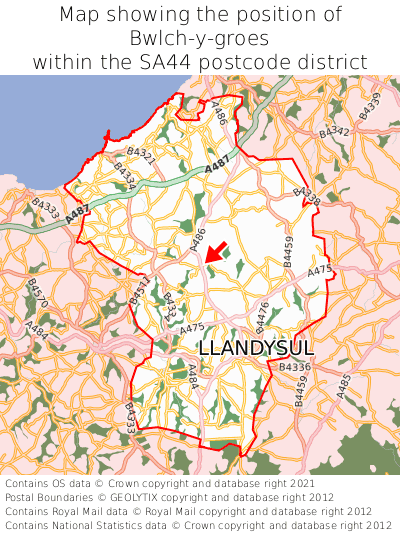 Map showing location of Bwlch-y-groes within SA44