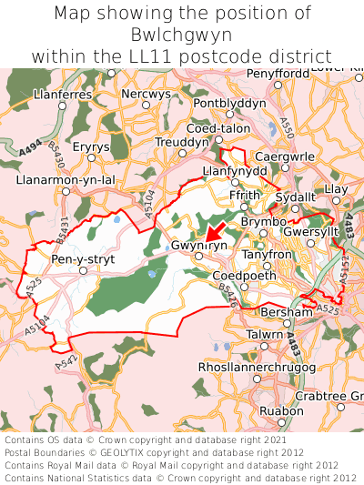 Map showing location of Bwlchgwyn within LL11
