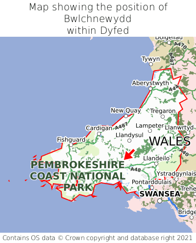 Map showing location of Bwlchnewydd within Dyfed
