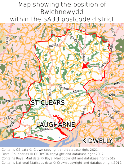 Map showing location of Bwlchnewydd within SA33
