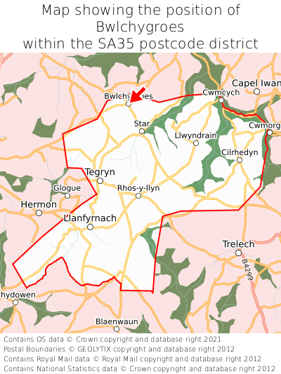 Map showing location of Bwlchygroes within SA35