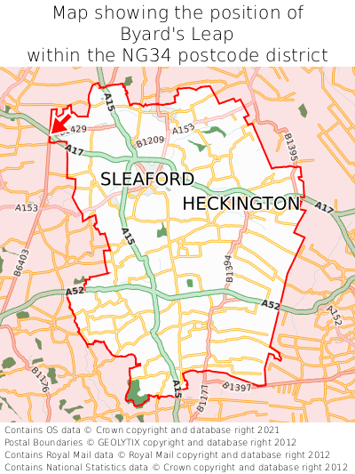 Map showing location of Byard's Leap within NG34
