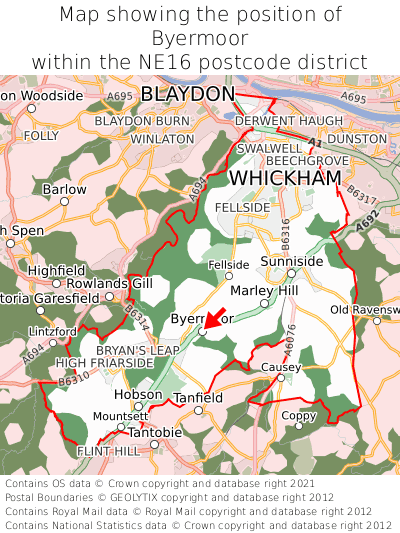 Map showing location of Byermoor within NE16