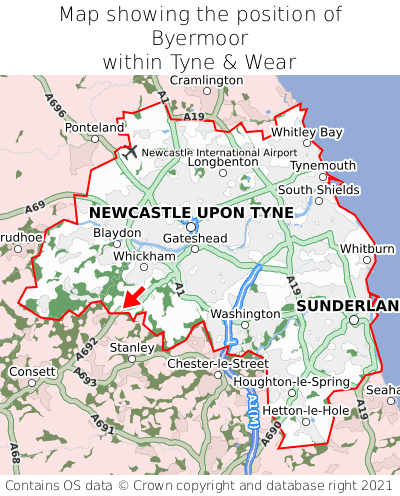Map showing location of Byermoor within Tyne & Wear