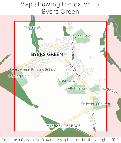 Map showing extent of Byers Green as bounding box
