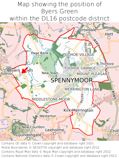 Map showing location of Byers Green within DL16