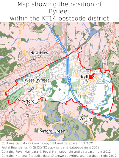 Map showing location of Byfleet within KT14