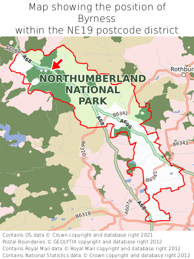 Map showing location of Byrness within NE19