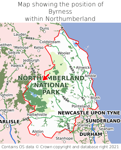 Map showing location of Byrness within Northumberland