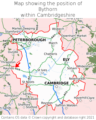 Map showing location of Bythorn within Cambridgeshire