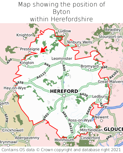 Map showing location of Byton within Herefordshire