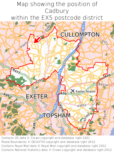 Map showing location of Cadbury within EX5