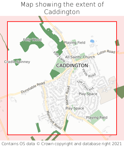 Map showing extent of Caddington as bounding box