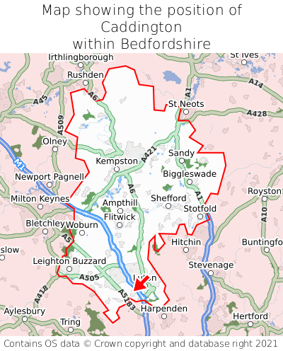 Map showing location of Caddington within Bedfordshire