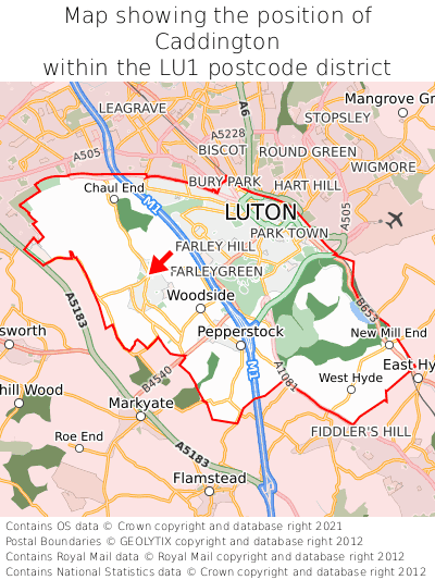 Map showing location of Caddington within LU1