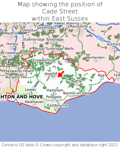 Map showing location of Cade Street within East Sussex