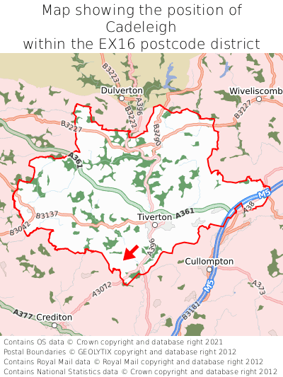 Map showing location of Cadeleigh within EX16