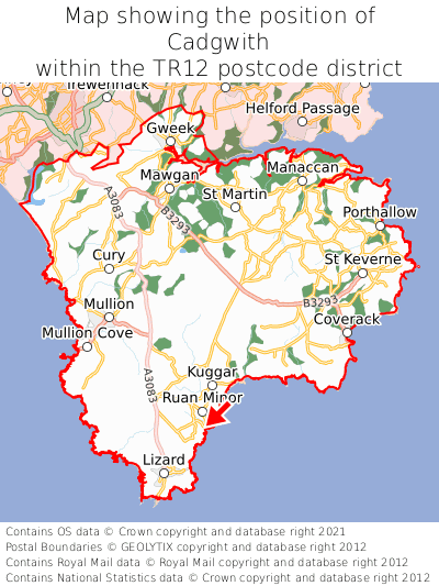 Map showing location of Cadgwith within TR12