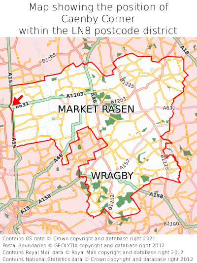 Map showing location of Caenby Corner within LN8