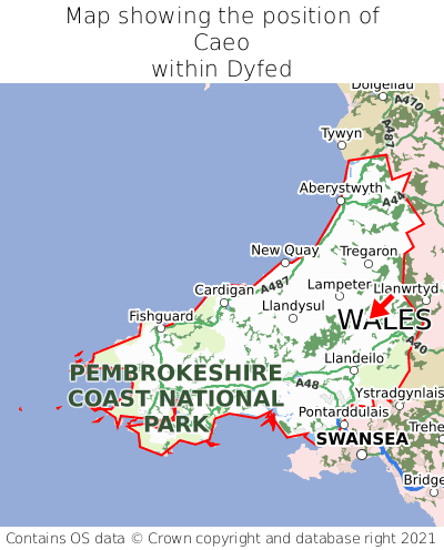 Map showing location of Caeo within Dyfed
