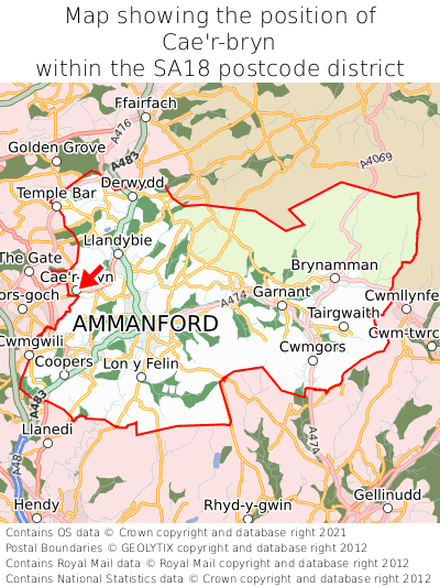 Map showing location of Cae'r-bryn within SA18
