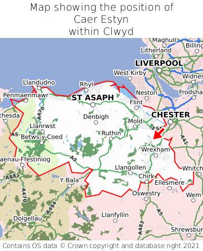Map showing location of Caer Estyn within Clwyd