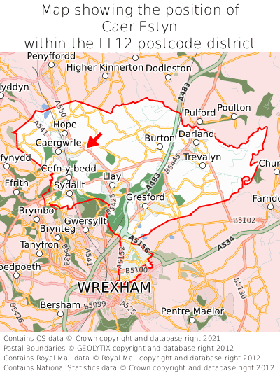 Map showing location of Caer Estyn within LL12