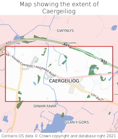 Map showing extent of Caergeiliog as bounding box
