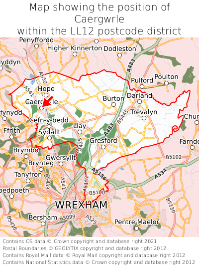 Map showing location of Caergwrle within LL12